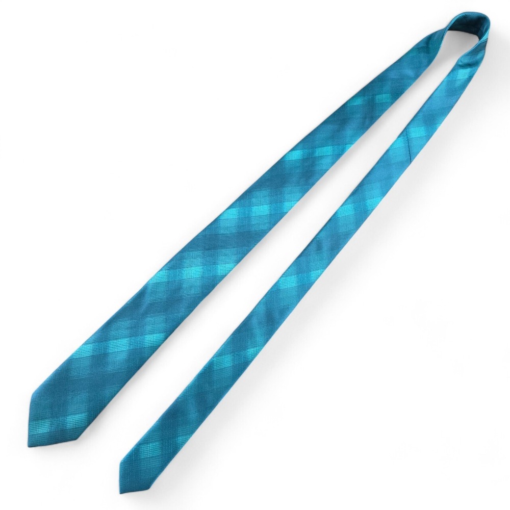 Bespoke New York Mens Tie Teal Check Polyester 60L 2.75W Plaid Accessory